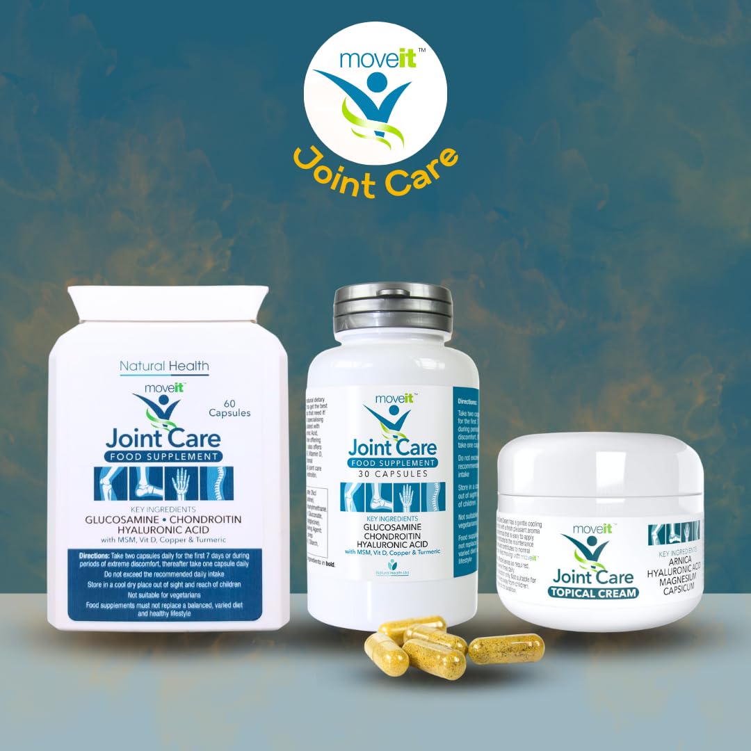 Moveit Joint Care Supplement – 60 Capsules | Glucosamine, Chondroitin, MSM, Turmeric, Hyaluronic Acid, Vitamin D & Copper | Bone & Muscle Support for Mobility, Flexibility & Comfort - 2 Month Supply