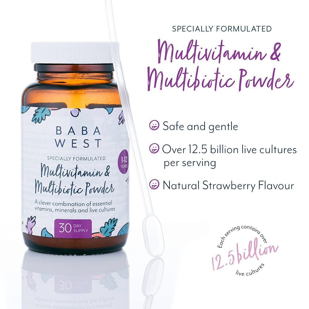 BABA WEST Baba West | Children's Multivitamin & Multibiotic Powder | with Live Cultures, Essential Vitamins & Minerals | Kids 1 to 12 Years