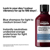 L'Oréal Professionnel Vitamino Color Spectrum Blue Tinted Shampoo 300ml, For Light Brown Coloured Hair, With Ferulic Acid + Citric Acid, Neutralise Undesired Orange Undertones