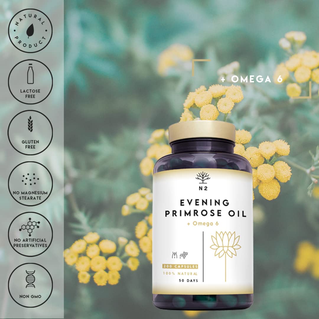 Evening Primrose Oil 2000 mg, 10% GLA. 200 Softgel Capsules with Vitamin E and Omega 6. High Strength, Easy Swallow, Cold Pressed. Menopause, Skin and Nails Care. Made in EU. N2 Natural Nutrition