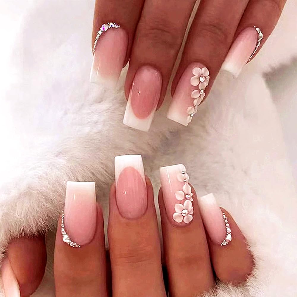 ZDHSOY 24Pcs French False Nails White Tip - Medium Square Fake Nails French Tip Press on Nails, Pink Full Cover False Nails with Rhinestones & Flowers Designs for Women Girls (Flower Design)