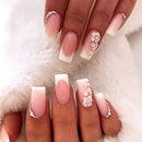 ZDHSOY 24Pcs French False Nails White Tip - Medium Square Fake Nails French Tip Press on Nails, Pink Full Cover False Nails with Rhinestones & Flowers Designs for Women Girls (Flower Design)
