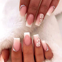 ZDHSOY 24Pcs French False Nails White Tip - Medium Square Fake Nails French Tip Press on Nails, Pink Full Cover False Nails with Rhinestones & Flowers Designs for Women Girls (Flower Design)