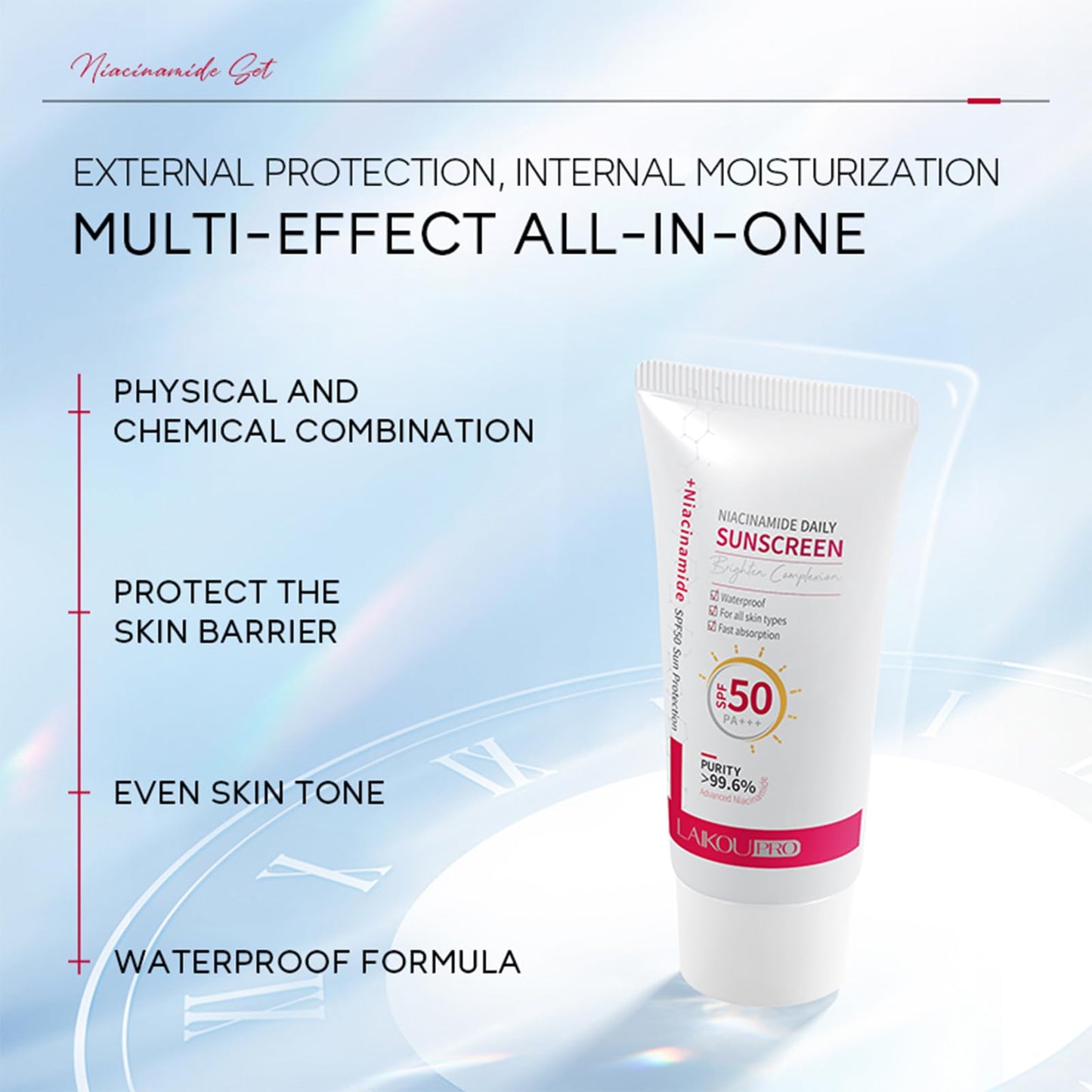 LAIKOU Pro Niacinamide Sunscreen SPF 50 PA+++, Daily Face & Body Sun Cream with Hyaluronic Acid & Centella Asiatica, UVA/UVB Protection, Lightweight, Non-Greasy for All Skin Types, 50g (Pack of 2)