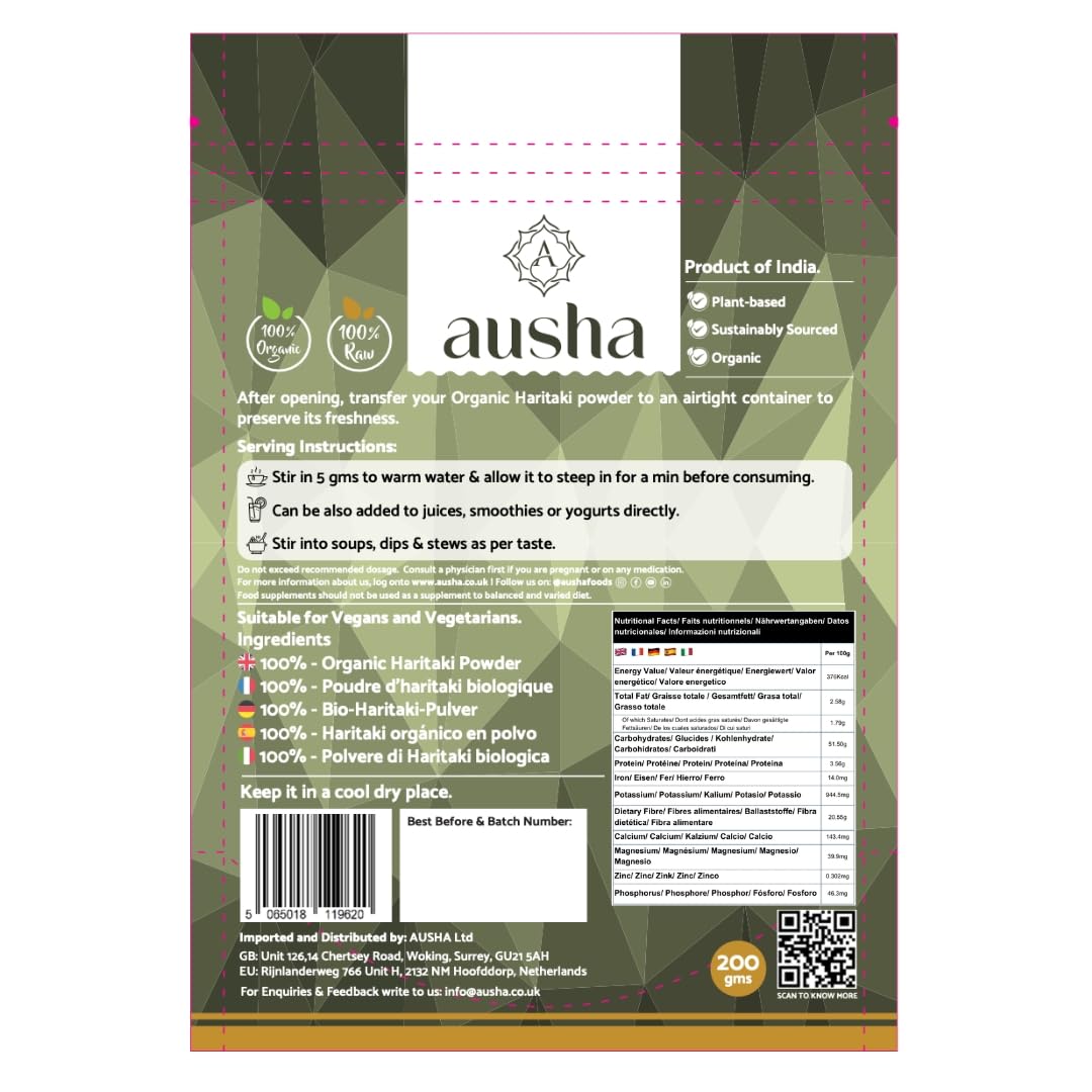 AUSHA Organic Haritaki Powder 200g - Gut Health, Constipation Relief, Immunity, Digestion - Certified Organic by Soil Association - Used in Triphala