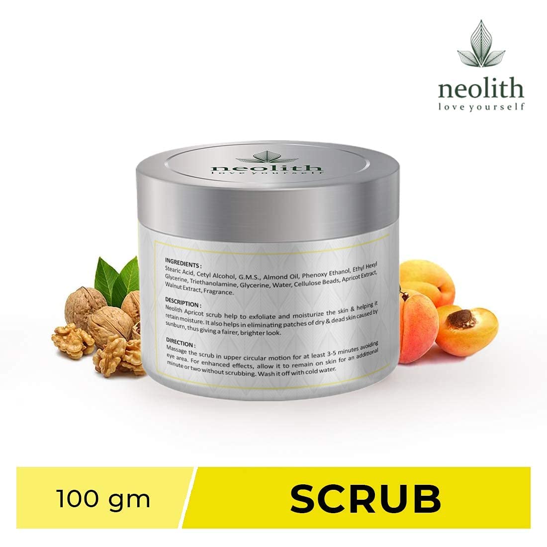 Neolith Apricot Walnut Face Scrub with Vitamin E and Almond oil (100gm) for Skin Detox, Gentle Exfoliation and Tan Removal | Removes White heads, Black heads, Brightens skin, Removes excess oil