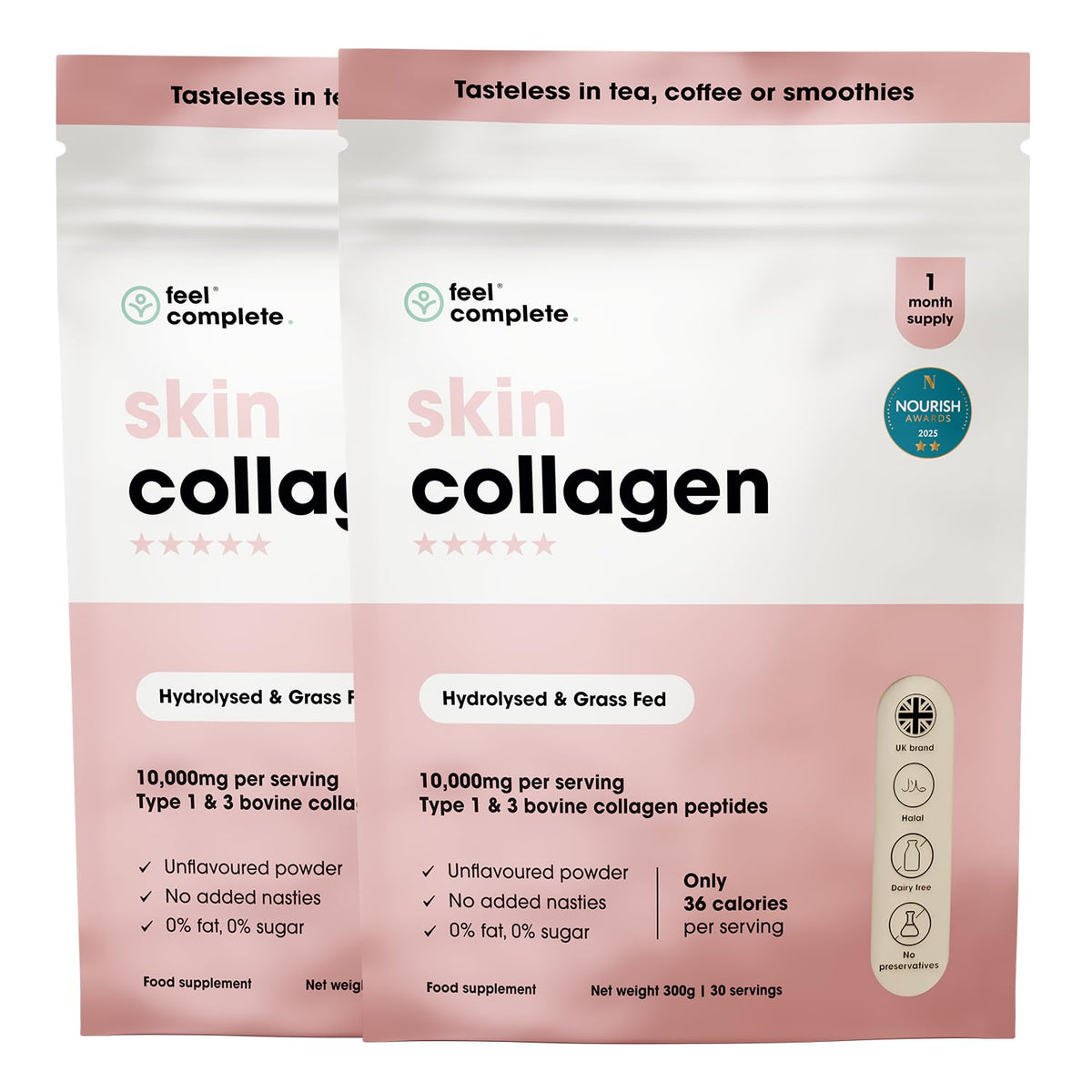 Feel Complete | Tasteless Collagen for Women | Grass Fed & Hydrolysed | Low Calorie | Premium Type 1 & 3 Bovine Collagen Peptides | Halal | Anti Ageing | Hair, Skin & Muscles | 600g | 60 Servings