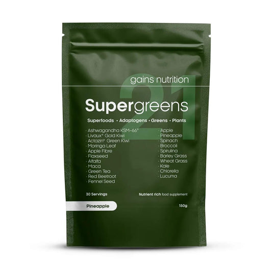 GN Super Greens 21 Powder | 150g Greens Powder with KSM-66 Ashwagandha, Actazin & Livaux Golden Kiwi, Alfalfa & More | Superfood Powder - Pineapple Flavour Supergreens Powder | Made in The UK