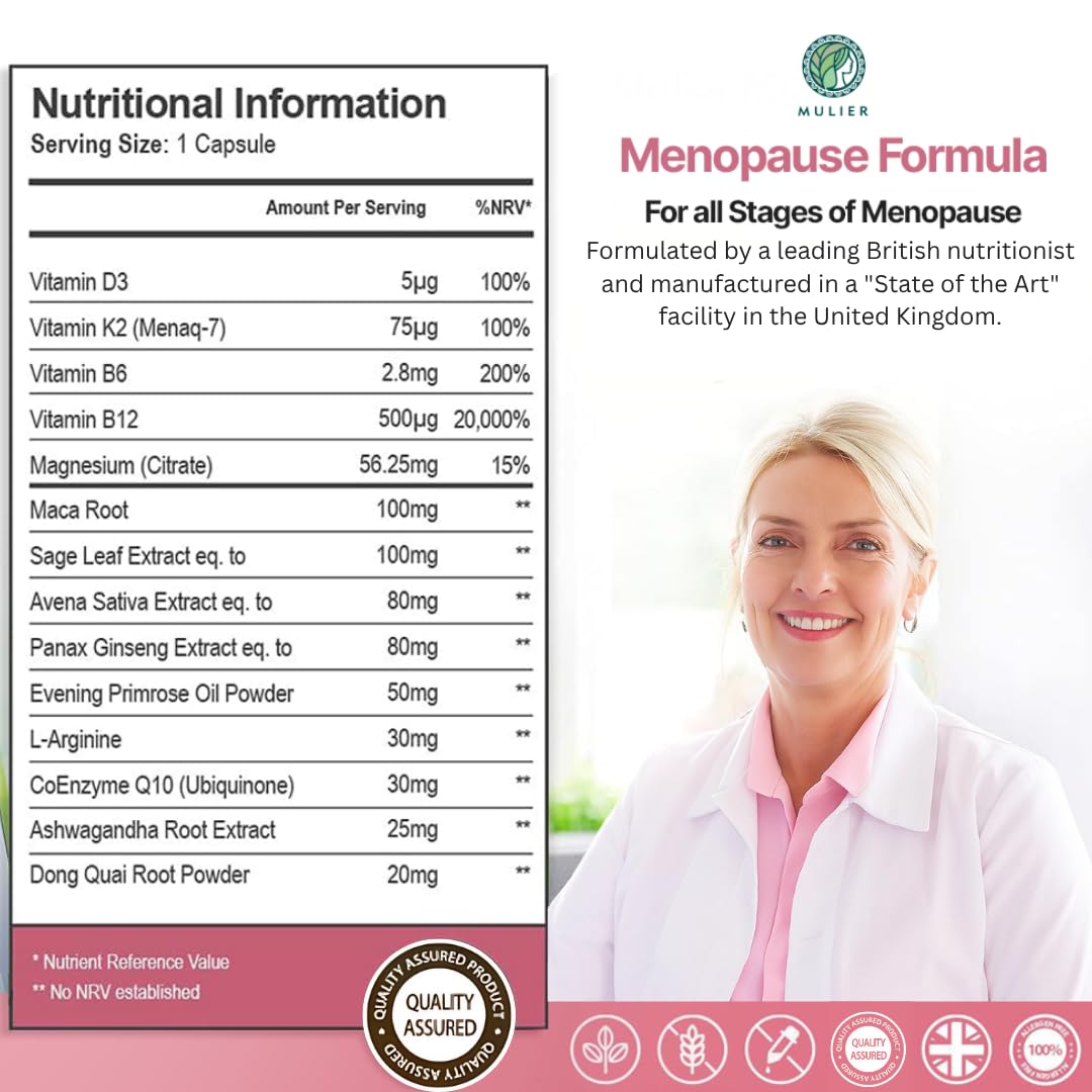 Mulier Menopause Supplement, Allergen Free, Vegan, 14 Supporting Ingredients Incl. Sage, Ashwagandha, K2, CoQ10, 1 Month Supply, 30 Capsules