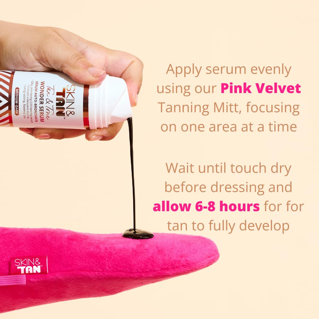 Skinny Tan Wonder Serum Fake Tan - Streak Free Self Tan with Youth Boosting Q10, Vitamin E & Aloe vera for Hydrating Skincare, Vegan & Cruelty Free - Medium, 145ml Plus Mitt & Back Applicator