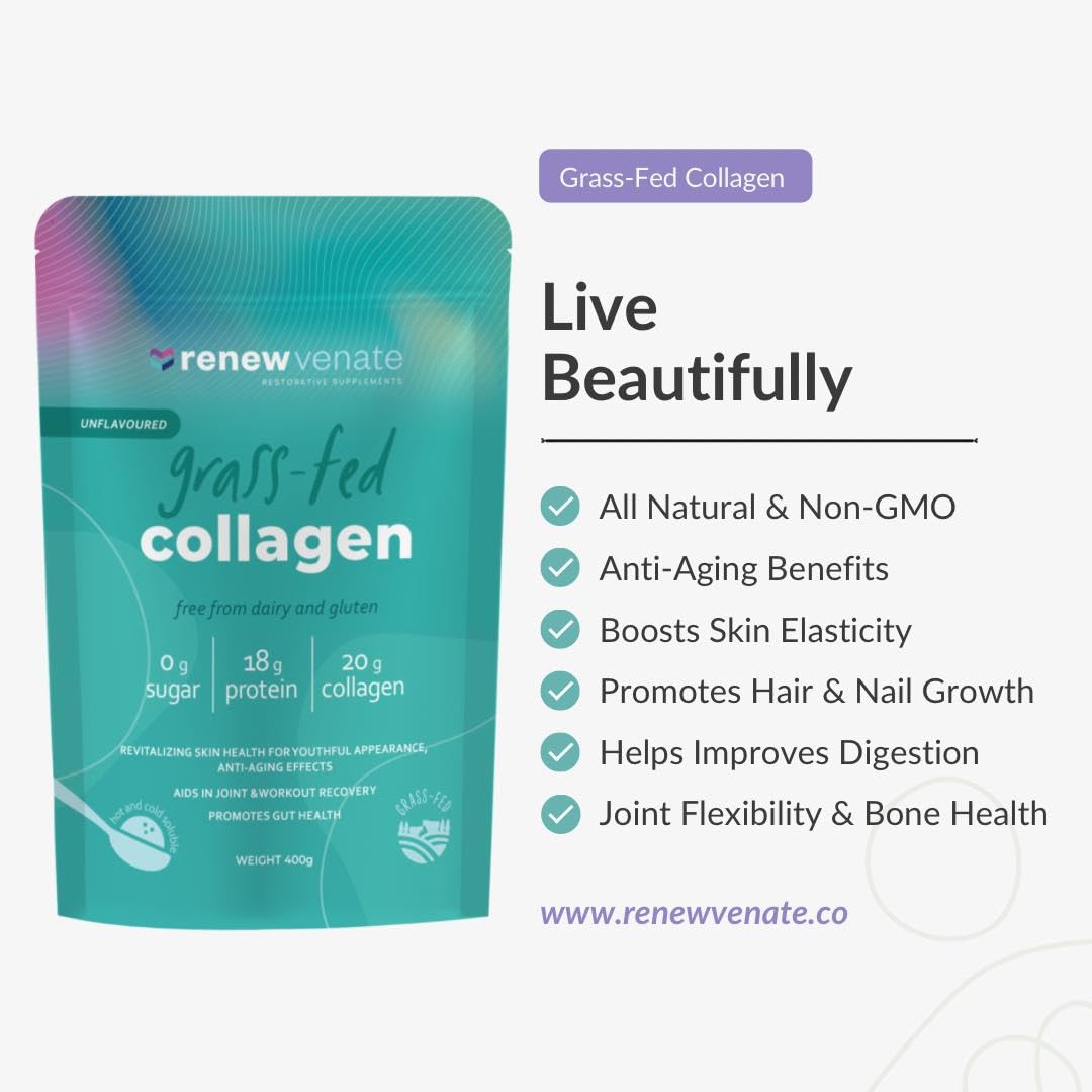 RenewVenate Grassfed Collagen Powder – Premium Hydrolyzed Protein for Hair, Skin, Nails & Joint Support – Non-GMO, Gluten-Free, Keto-Friendly 400g