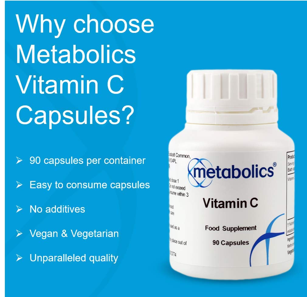 Vitamin C Capsules by Metabolics | 500mg Vitamin C Per Capsule Providing 625% NRV | Pot of 90 Capsules Suitable for Vegans & Vegetarians- No Additives or Flowing Agents