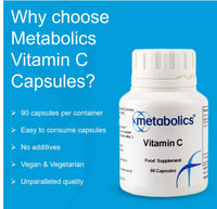 Vitamin C Capsules by Metabolics | 500mg Vitamin C Per Capsule Providing 625% NRV | Pot of 90 Capsules Suitable for Vegans & Vegetarians- No Additives or Flowing Agents