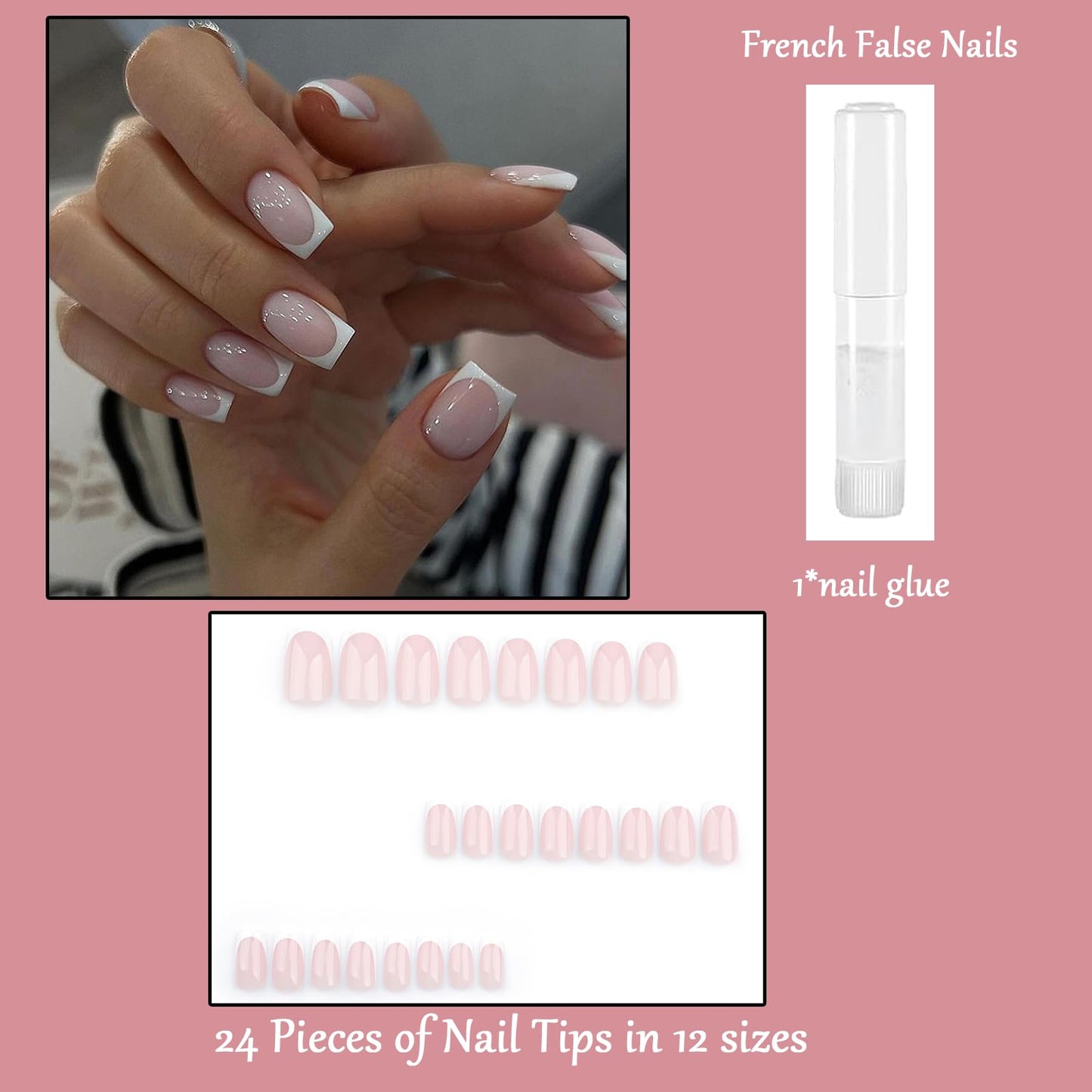 EONFAVE French Tip False Nails - 24pcs Square Press On Nails Short In 12 Sizes - Nude Stick on Nails with Elegant White Edge - Long Lasting False Nails with Glue Removable Nail Art Gifts for Women