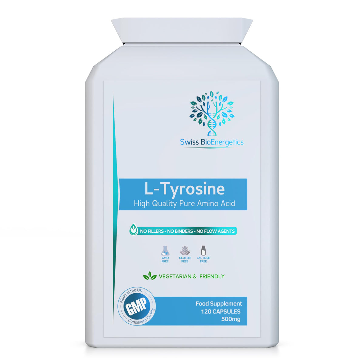 swiss bioenergetics L-Tyrosine 500mg 120 Capsules - Pure Amino Acid with No Fillers or Binders or Flow Agents – an Amino Acid Nutritional Supplement Suitable for Vegetarians - UK Made