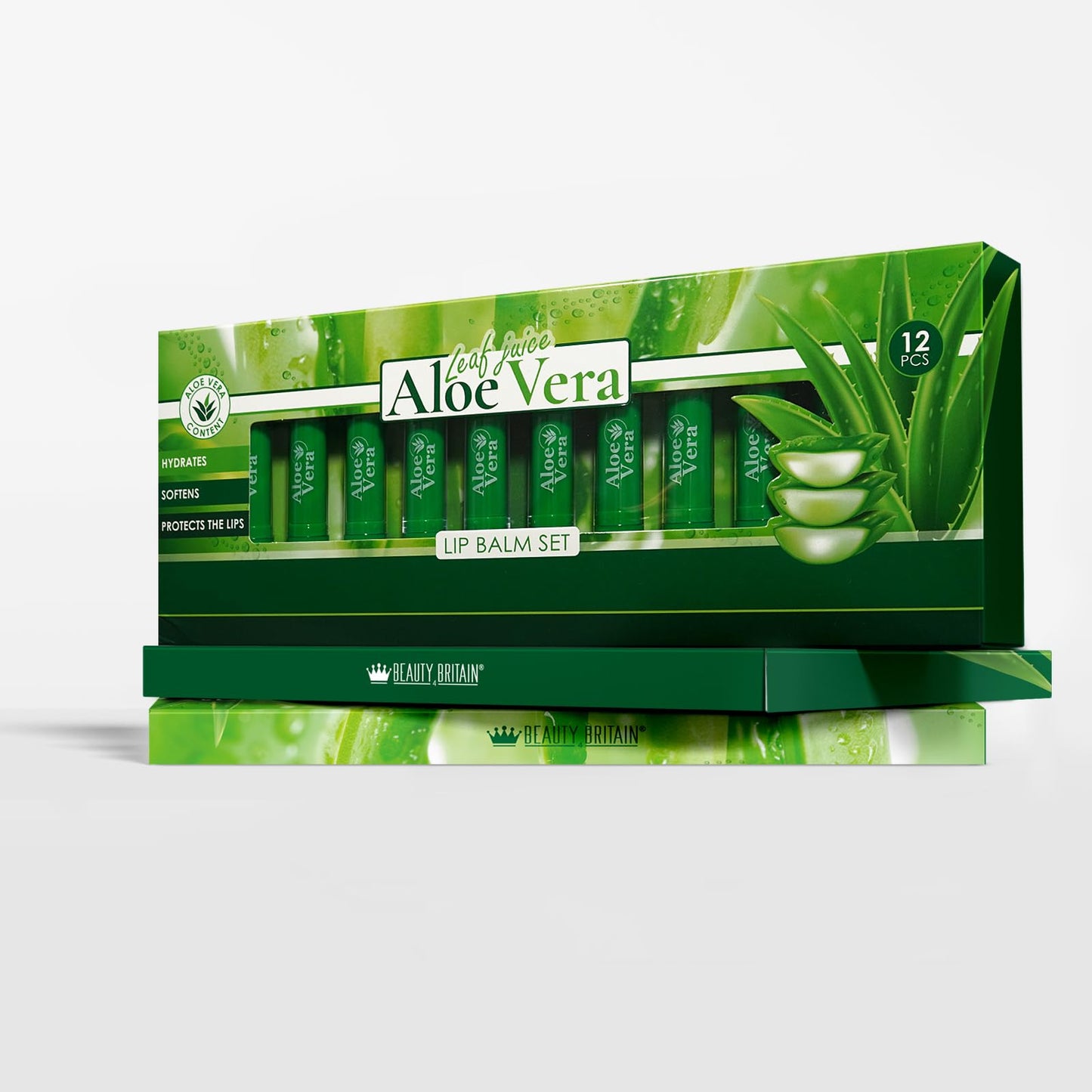 Beauty4Britain Set of 12 x Lip Balms Aloe Vera Long Lasting Moisturizing Lip Care Unisex Full Size Display Box UK Beeswax Vitamin E Omega-3