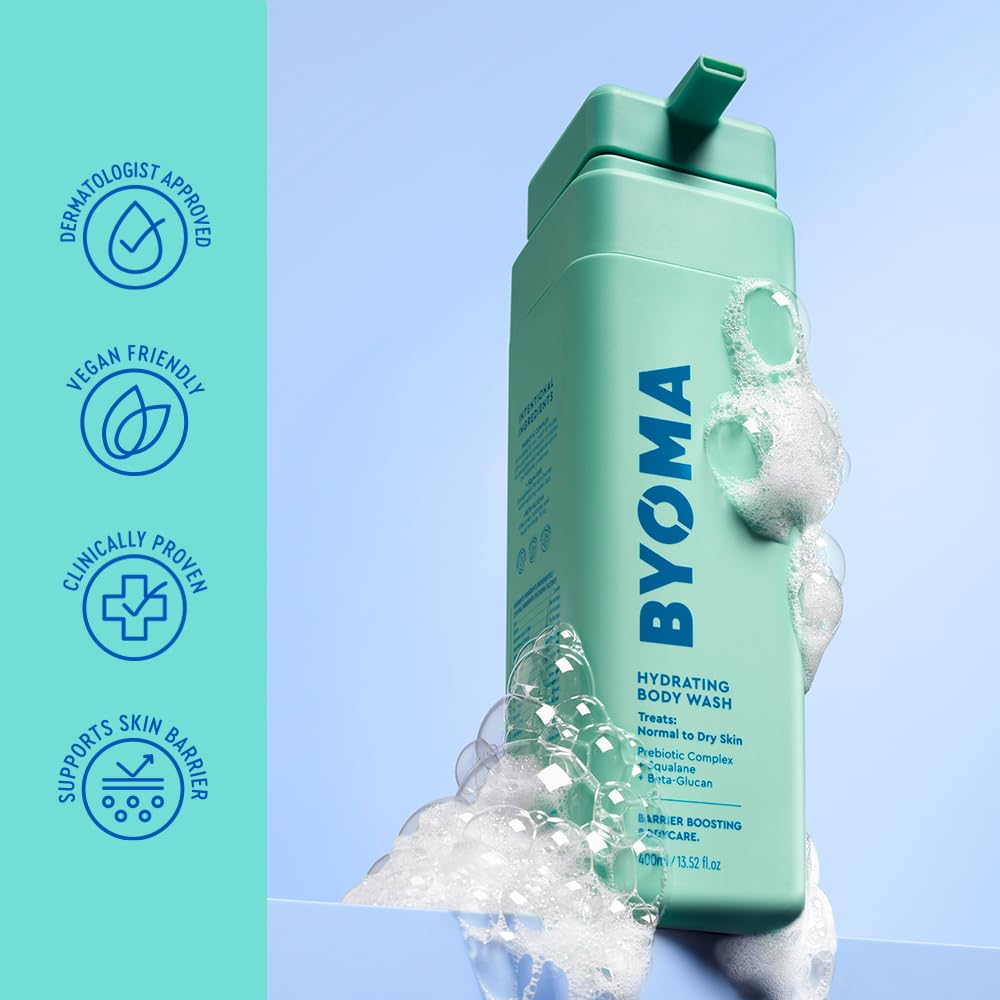 BYOMA Hydrating Body Wash (400ml) For Normal to Dry Skin, with Prebiotic Complex for a Soothing Shower and Hydrated Skin, Vegan