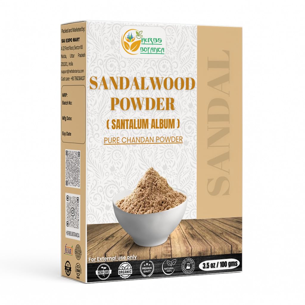 Herbs Botanica Chandan Sandalwood Powder Organic 100gm / 3.52 oz For Skin, Face Pack, Face Mask, Worship Tilak, Auspicious Occasions 100% Natural, Soothing, Cleansing, Wrinkles