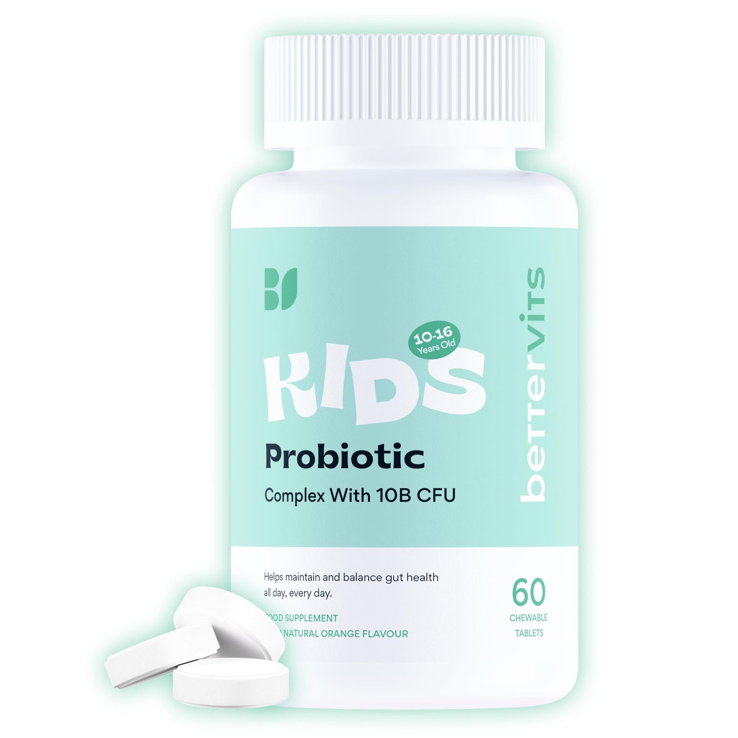 Bettervits Kids Probiotic Complex – 10 Billion CFU | Probiotics for Children 10-16 years old - Gut Health and Immunity Support | Maintains Healthy Digestion | 60 Chewable Orange-Flavored Tablets.