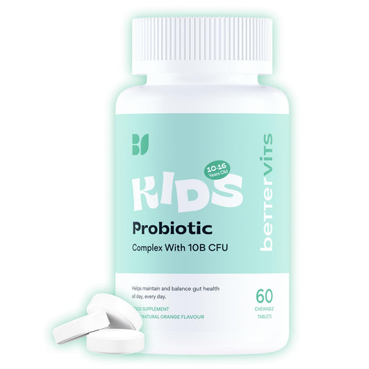 Bettervits Kids Probiotic Complex – 10 Billion CFU | Probiotics for Children 10-16 years old - Gut Health and Immunity Support | Maintains Healthy Digestion | 60 Chewable Orange-Flavored Tablets.