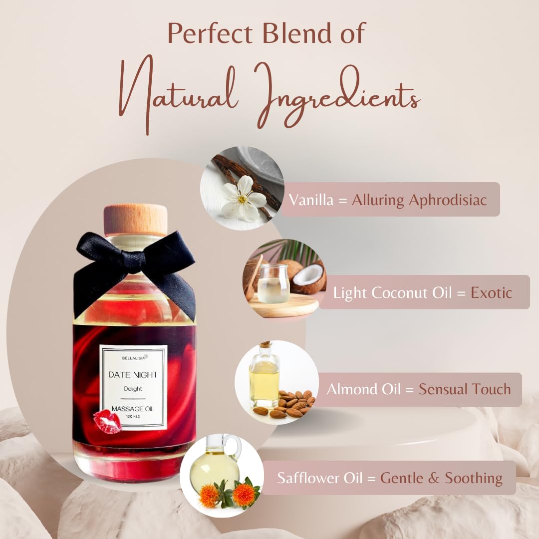 BELLALISIA Luxurious Massage Oils for Date Night, Premium Vanilla Body Oil Perfect Presents for Men & Women as Valentines Day Gifts. Natural Sensual 120ml Massage Oils for Relaxing Fun Date Night Ideas.