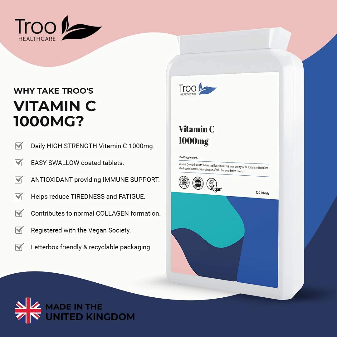 Troo Health Care Vitamin C 1000mg 120 Tablets - High Strength Daily VIT C Supplement - Easy Swallow Coating - Immune and Energy Support