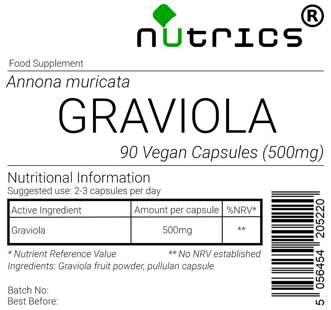 Nutrics® GRAVIOLA Fruit 500mg 90 V Capsules -1 Month Supply - Soursop Suitable for Vegan Vegetarian Halal Kosher
