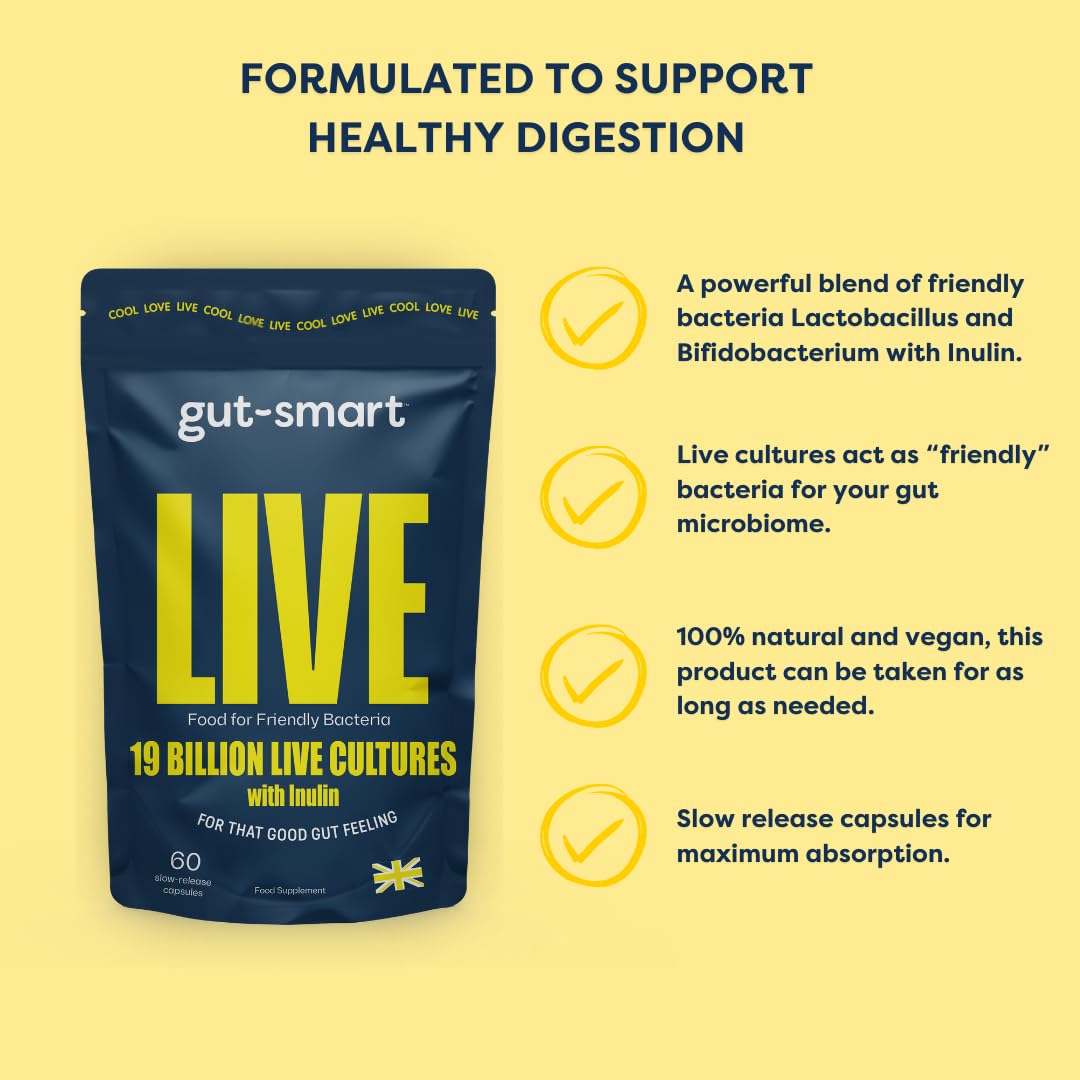 Gut - Smart Gut–Smart LIVE, 60 x Slow-Release Capsules, Pre & Probiotics, 19 Billion Live Cultures, Natural Supplements for Healthy Digestion