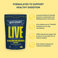Gut - Smart Gut–Smart LIVE, 60 x Slow-Release Capsules, Pre & Probiotics, 19 Billion Live Cultures, Natural Supplements for Healthy Digestion