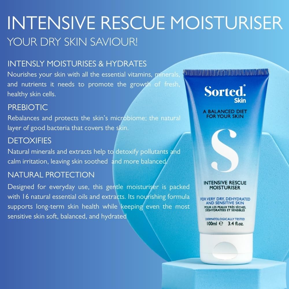 S SORTED Sorted Skin Intensive Rescue Moisturiser, Perfect for Dry, Dehydrated & Sensitive Skin, Intensive Hypoallergenic Body Moisturiser, Suitable for all Skin Conditions 1 x 100ml