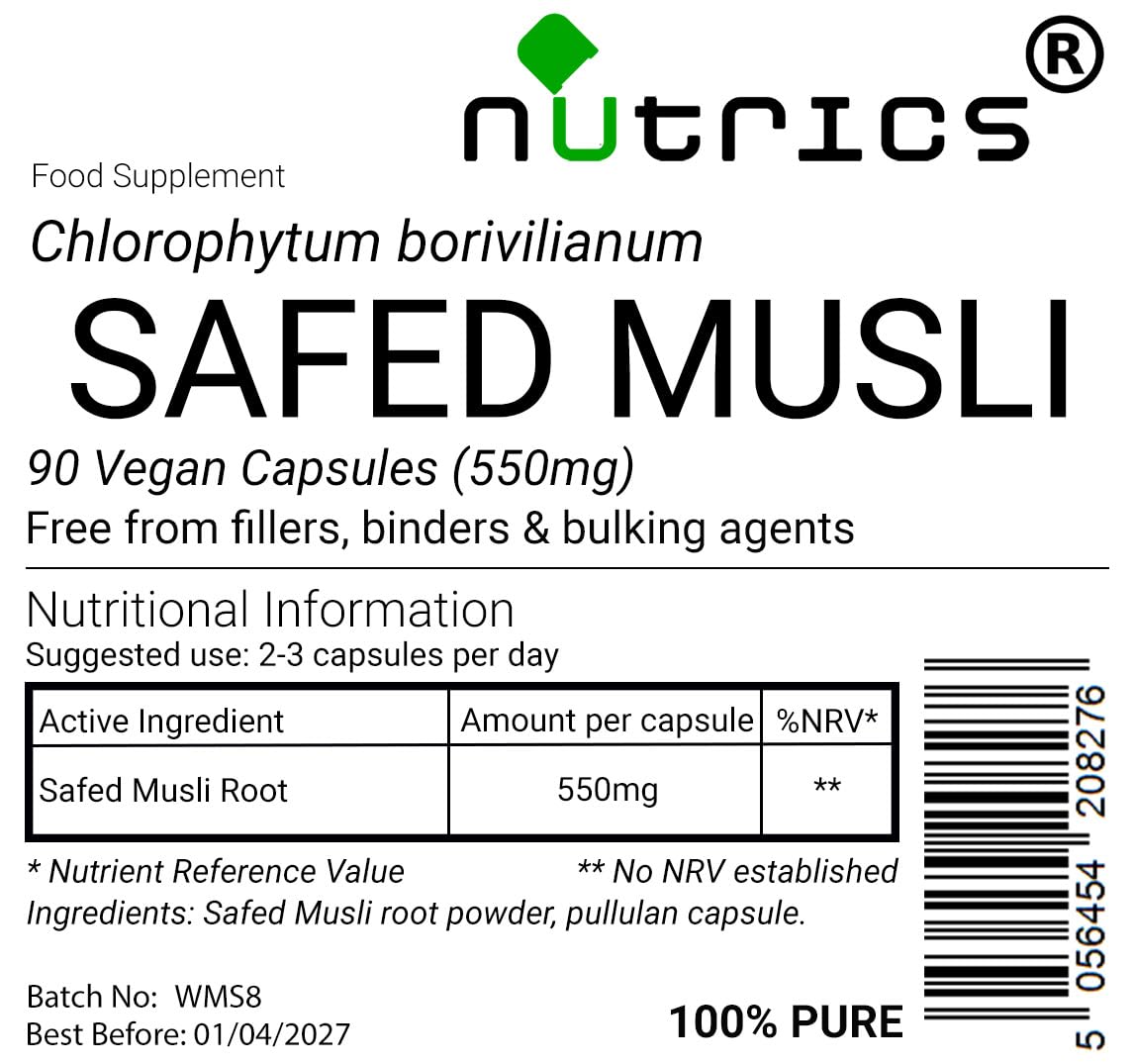 Nutrics® Safed Musli 550mg 90 Vegan Capsules (1 Month Supply) - Supplement - Suitable for Vegan Vegetarian Diet