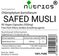 Nutrics® Safed Musli 550mg 90 Vegan Capsules (1 Month Supply) - Supplement - Suitable for Vegan Vegetarian Diet