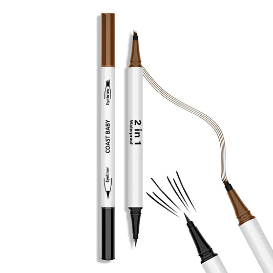 QIAWES Eyebrow Pencil, 2-In-1 Eyebrow Pen, 4 Fork Tip Microblading Eyebrow Pencil, Tattoo Eyebrow Pencil - Double Head Liquid Eyebrow Pen + Black Eyeliner Pencil (Black)