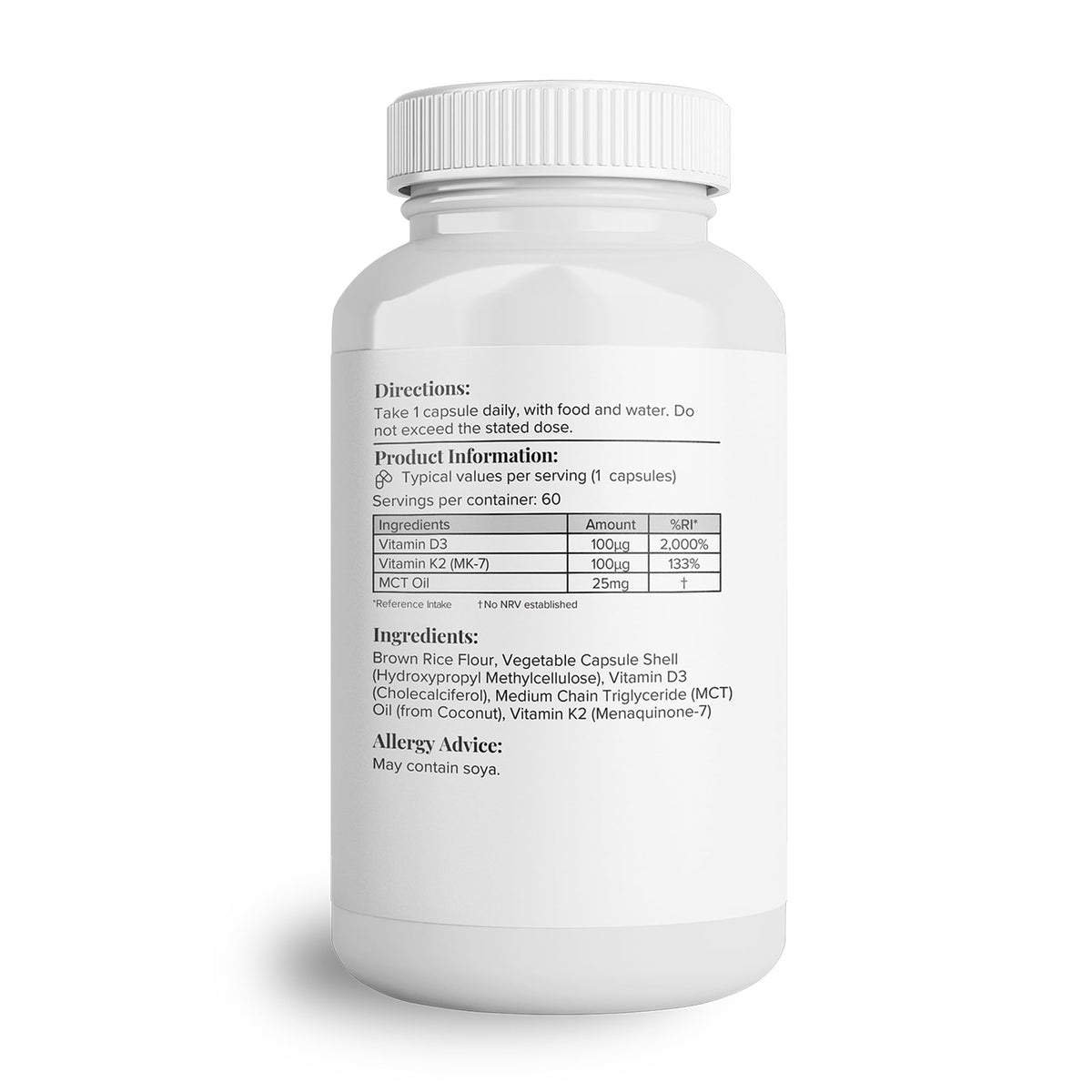 Hey Nutrition Vitamin D3 & K2 MK-7-100ug Each with MCT Oil - Suitable for Vegetarians - Support Healthy Bones, Teeth, Muscles, Immune Function, and Fatigue - Non-GMO, 60 Vegetarian Capsules