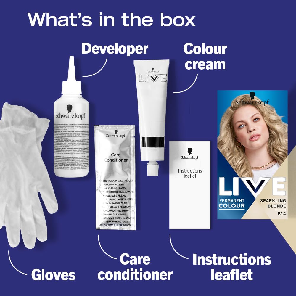 Schwarzkopf LIVE Intense Colour Sparkling Blonde Permanent Hair Dye B14, Long Lasting Blonde Hair Colour for Up to 80% Less Hair Breakage, Hair Lightener with anti-brassiness effect