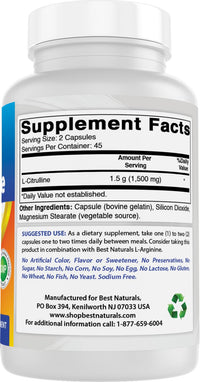 Best Naturals L-Citrulline Capsules - 1500mg/Serving - Non-GMO - Gluten Free - 90 Capsules (90 Count (Pack of 2))