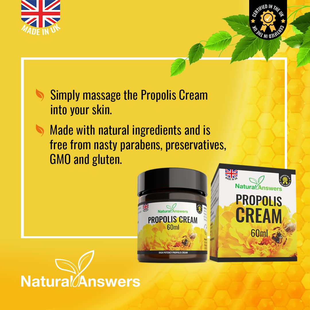 Natural Answers Bee Propolis Cream 60ml - Moisturising Natural Propolis Balm Ointment Remedy for Dry Skin, Cold Sores and Spots - UK Manufactured