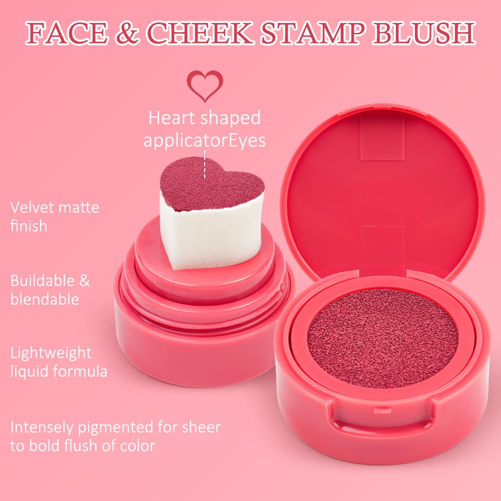 LOPHE Love Cushion Blush Cream, 2 Pcs Air Cushion Blusher with Heart-Shaped Applicator, Moisturizing Stamp Blush Cheek Rouge Soft Cream Blush, Natural-Look Cheek Tint Set Long Lasting Makeup (#02+#05)