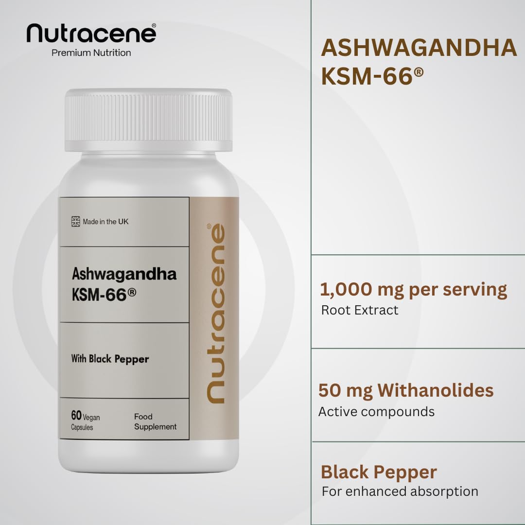 NUTRACENE Nutracene Ashwagandha KSM-66 1,000mg with Black Pepper | High Strength Adaptogen | Stress Relief | Energy & Cognitive Support | Made in The UK | Vegan Friendly
