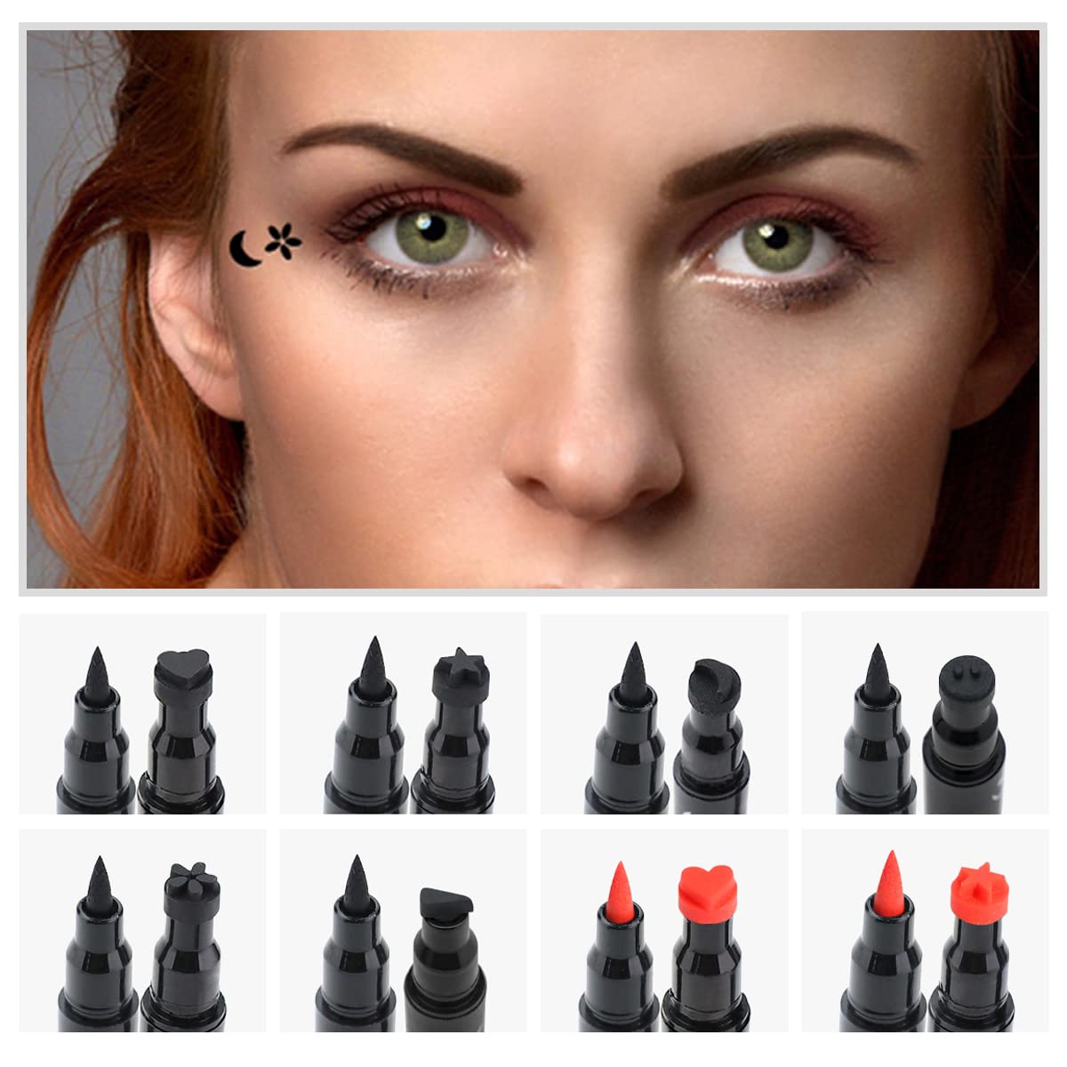 RenhuangFuxi Eyeliner Stamp, Heart/Star/Moon/Flower Waterproof Liquid Eyeliner Pen, Long-Lasting, Black