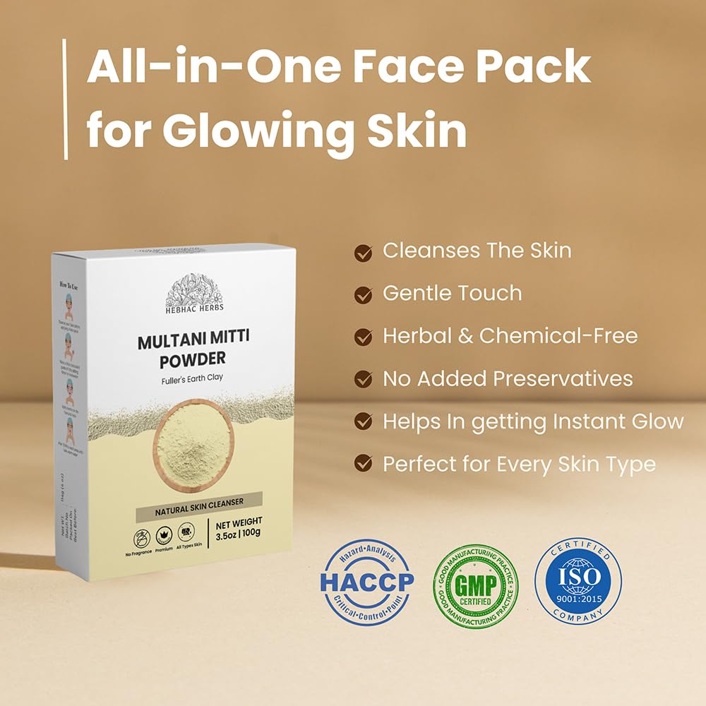 Hebhac Herbs Multani Mitti Powder, Bentonite Clay & Fuller's Earth Clay – 100% Natural Skin Soother, Cleanser & Acne Reducer – 100g