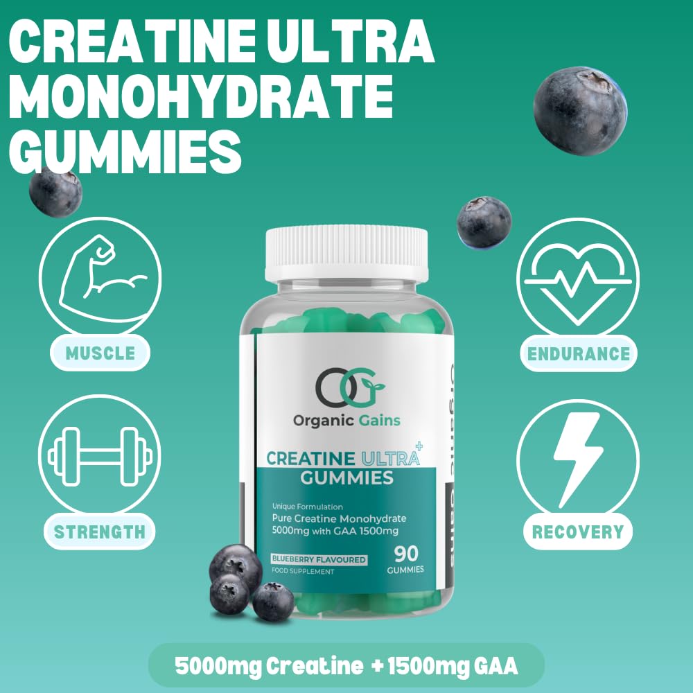 Organic Gains OG Creatine Ultra – 90 Gummies | 5000mg MAX Creatine Monohydrate & 1500mg GAA | Up to 8.5X More Uptake, Fast-Absorbing Formula for Enhanced Muscle & Brain Power, No Water Retention