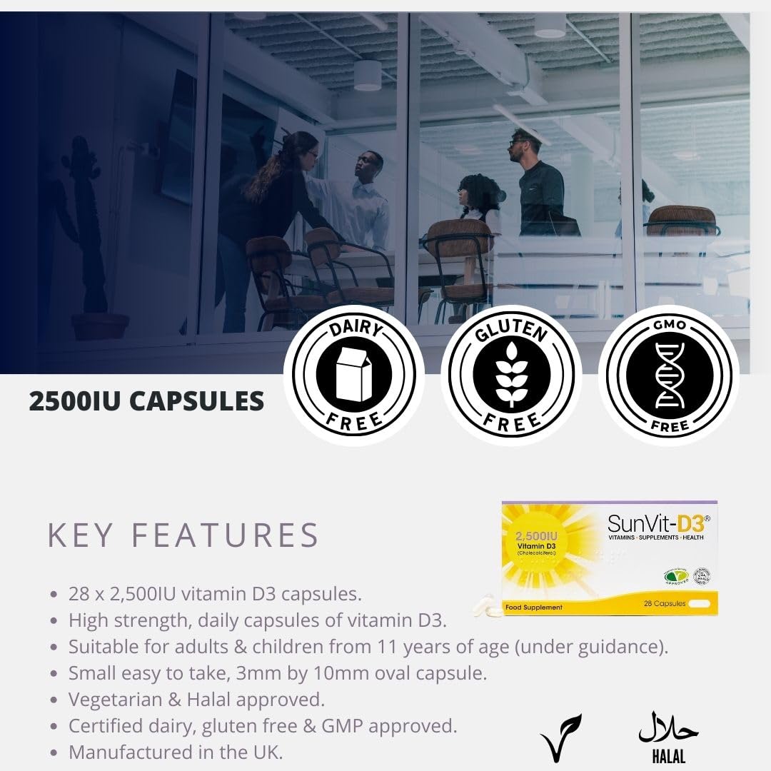 SunVit-D3 High Strength Vitamin D 2500iu Capsules - Cholecalciferol Vitamin D Capsules Support the Maintenance of Bone, Teeth, Muscle & Immune System | UK Made & GMP Approved - D3 Vitamins 28 Capsules
