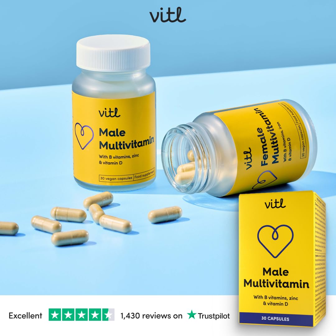 VITL Vitl Male Multivitamin & Minerals Supplement - 30 Vegan Capsules - 20 Essential Nutrients Including B Vitamins, Zinc, Vitamin D & Plant Extracts - Support Overall Male Wellbeing - 1 Month Supply