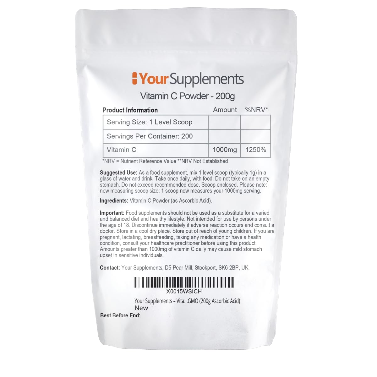 YourSupplements Vitamin C Powder 200g - Ascorbic Acid | 100% Pure British Pharmaceutical Grade | Non-GMO | Scoop Included
