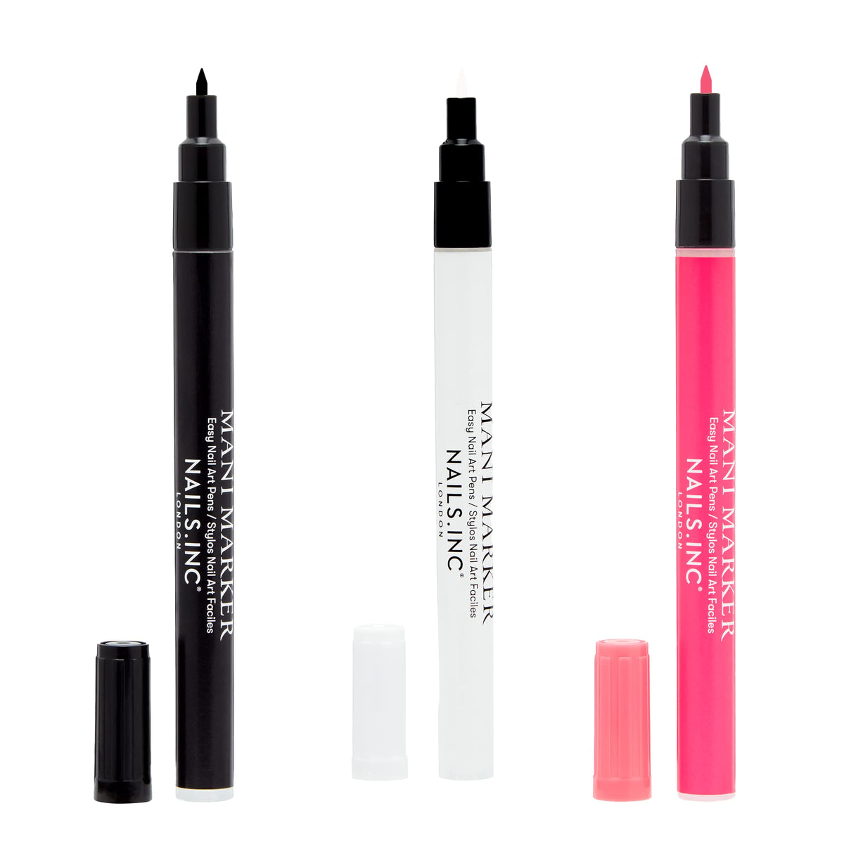 Nails Inc Nails.INC Mani Marker Trio, Easy to Use Nail Polish Art Pen With Precision Tip, Quick Drying, Cruelty Free, Vegan, Includes Bright White, Bubblegum Pink and Mascara Black