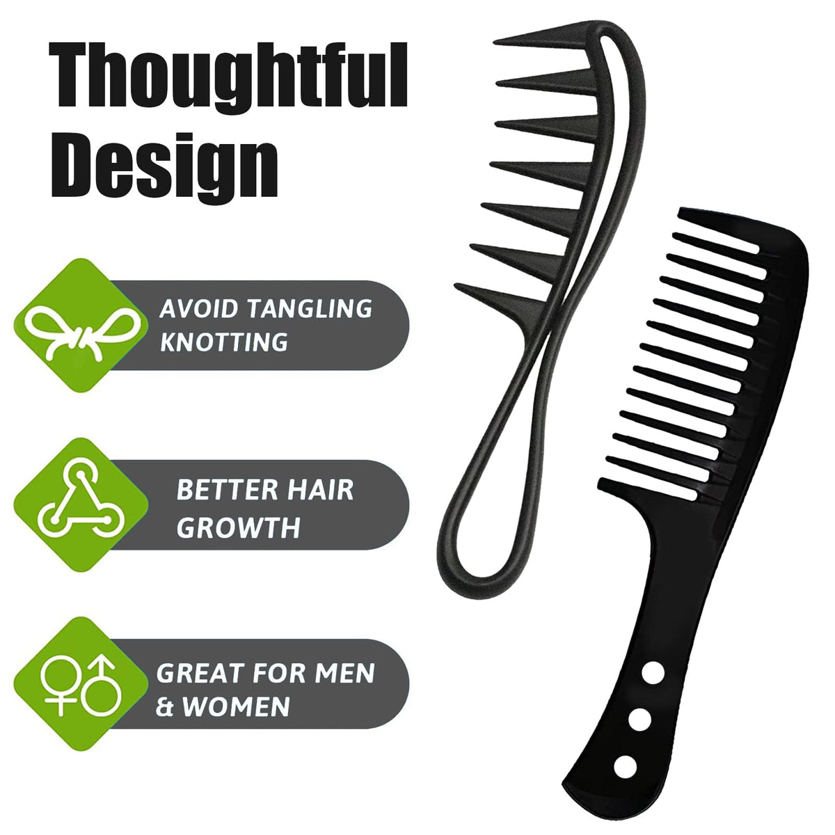 QINCAWIN 2 Pcs Wide Tooth Comb for Curls, Large Teeth Shark Hair Comb, Hair Comb Shark Teeth Hair Hairstyle Tool for Curly Wet Wavy Thick Hair Wigs Barber Salon Curl Comb Women Men(Black)