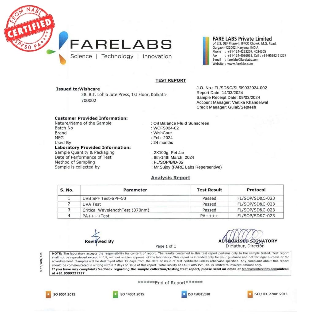 WishCare 5% Niacinamide Oil Balance Fluid Sunscreen SPF 50 PA++++ - Lightweight Matte Sunscreen SPF 50 for Oily Skin & No White Cast 50g
