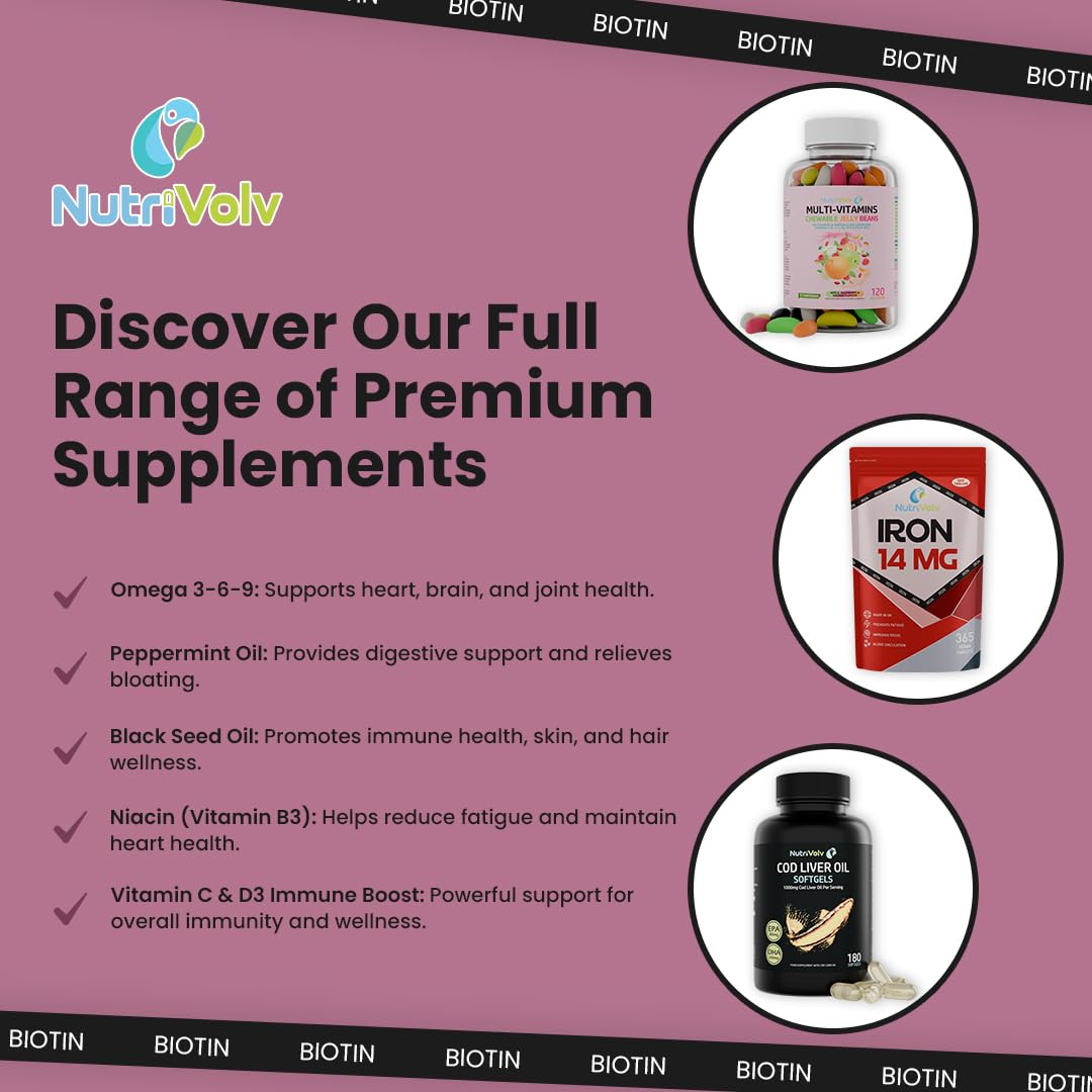 NutriVolv Biotin Hair Growth Supplement | 1 Year Supply | 10,000mcg Per Tablet | 365 Vegan Tablets | Hair Skin & Nails Vitamins for Women & Men | High Absorption D-Biotin | Hair Growth Vitamins | UK Made