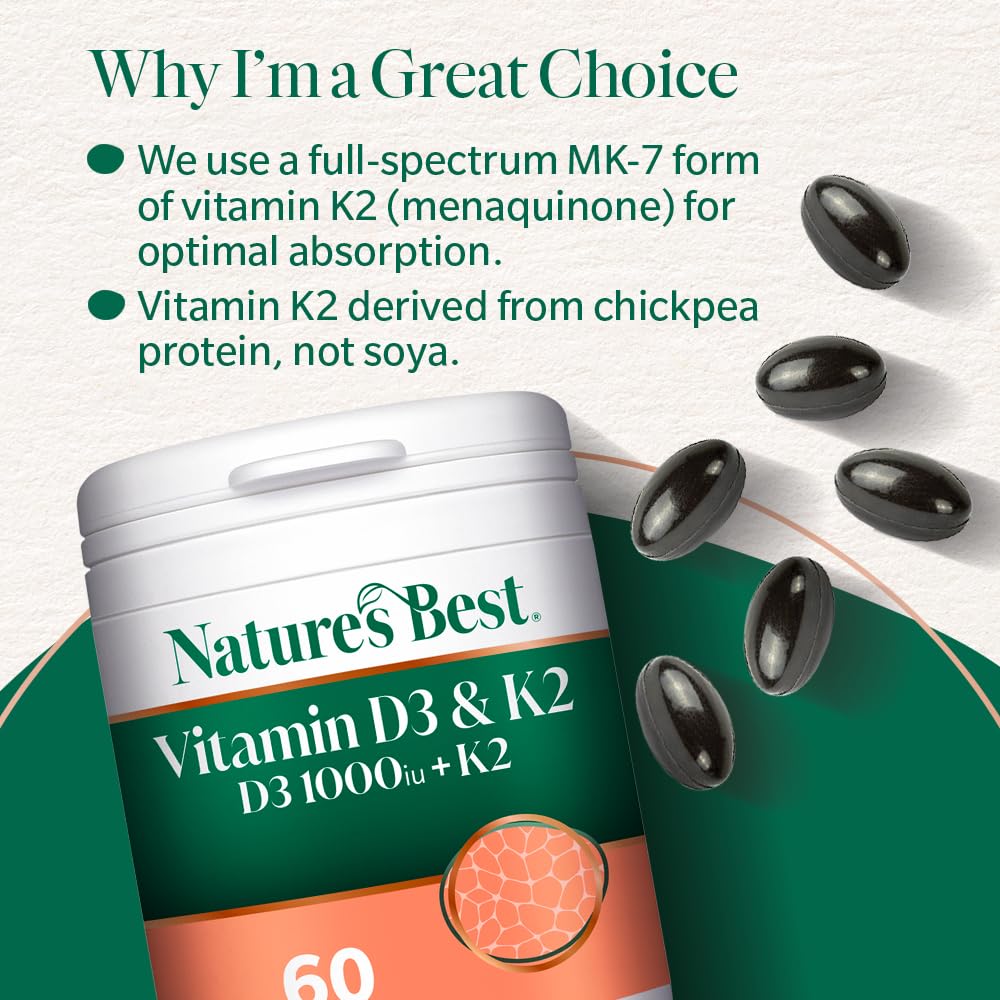 NATURE'S BEST Nature's Best Bone & Immune Boost - High Strength Vitamin D3 1000iu & K2 90µg - Optimal Support for Bones, Teeth, and Immune Function - UK Made - 60 Capsules (2 Months' Supply)